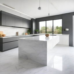 A modern kitchen featuring a white and grey marble countertop, white cabinets, and a grey floor