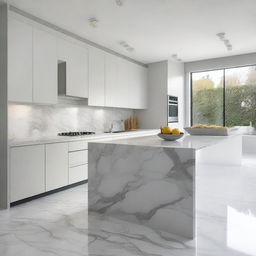 A modern kitchen featuring a white and grey marble countertop, white cabinets, and a grey floor