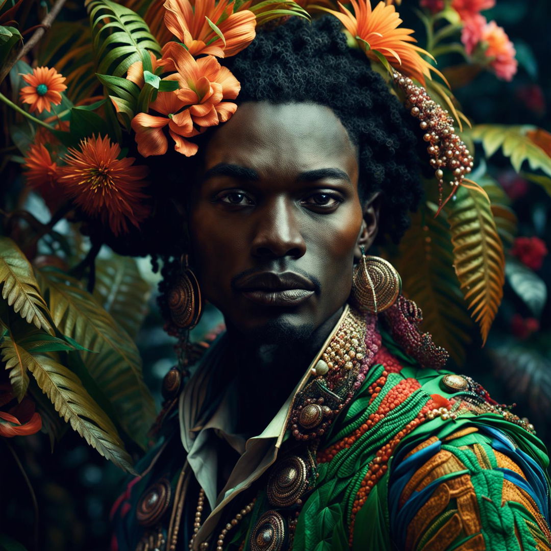 Hyper-realistic 3D photograph of yet another different androgynous African man in Rococo attire in a vibrant mystical jungle.