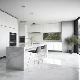 A modern kitchen featuring a white and grey marble countertop, white cabinets, and a grey floor