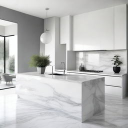 A modern kitchen featuring a white and grey marble countertop, white cabinets, and a grey floor