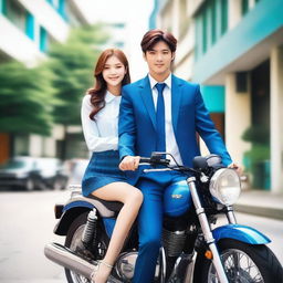 A handsome man wearing a blue high school uniform with a neat tie, sitting on a shiny sports motorcycle