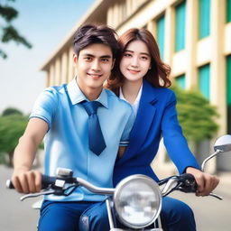 A handsome man wearing a blue high school uniform with a neat tie, sitting on a shiny sports motorcycle