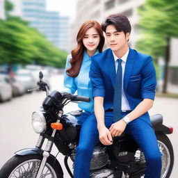 A handsome man wearing a blue high school uniform with a neat tie, sitting on a shiny sports motorcycle