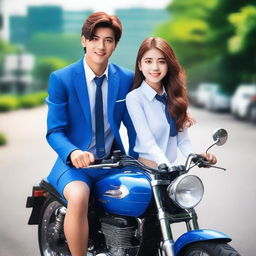 A handsome man wearing a blue high school uniform with a neat tie, sitting on a shiny sports motorcycle