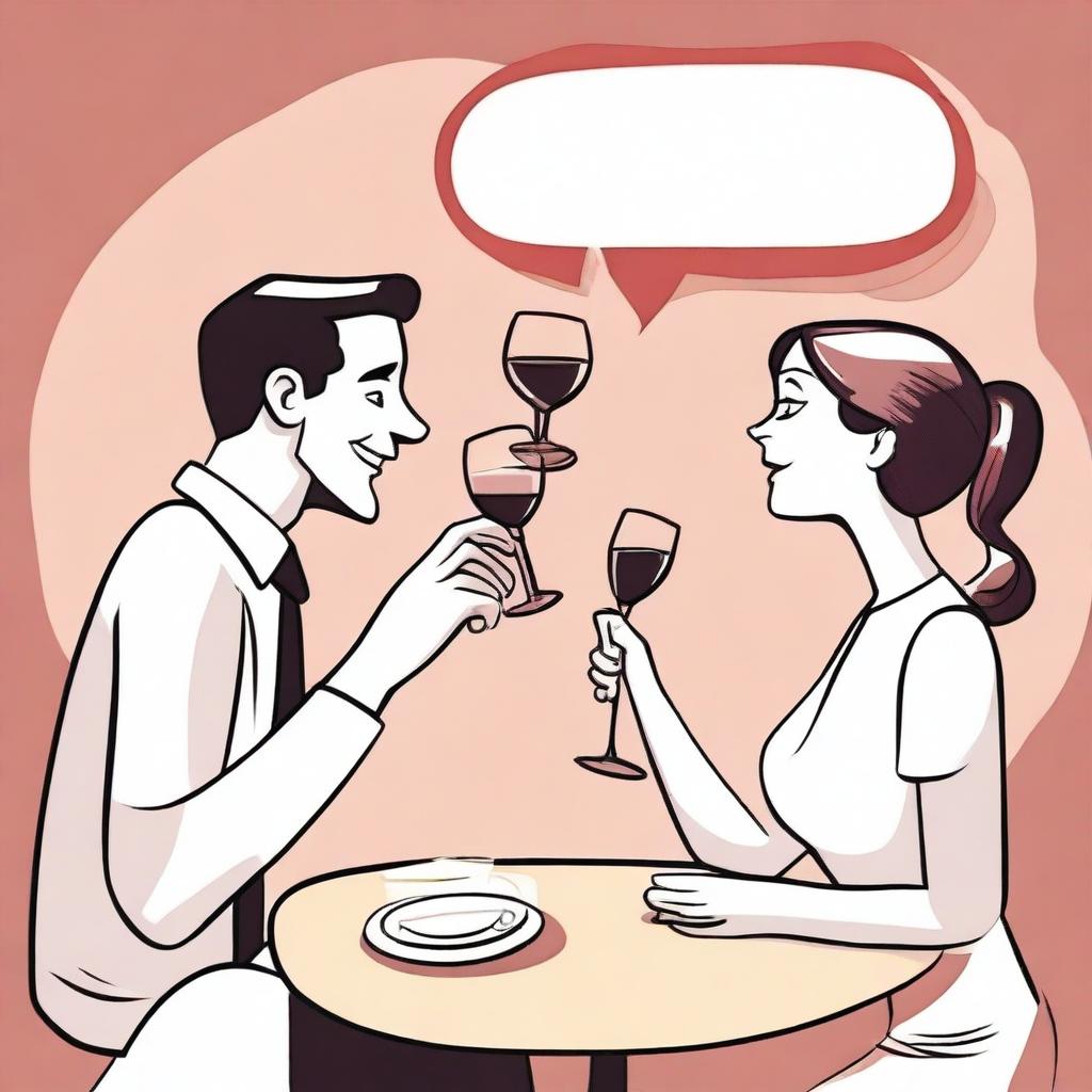 Create a cartoon-style image of a man seducing a woman in a conversation