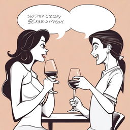 Create a cartoon-style image of a man seducing a woman in a conversation