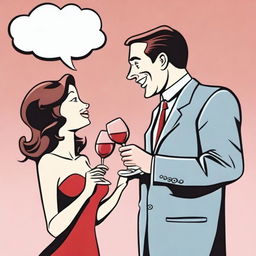 Create a cartoon-style image of a man seducing a woman in a conversation