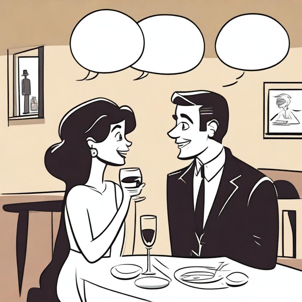 Create a cartoon-style image of a man seducing a woman in a conversation