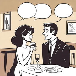 Create a cartoon-style image of a man seducing a woman in a conversation