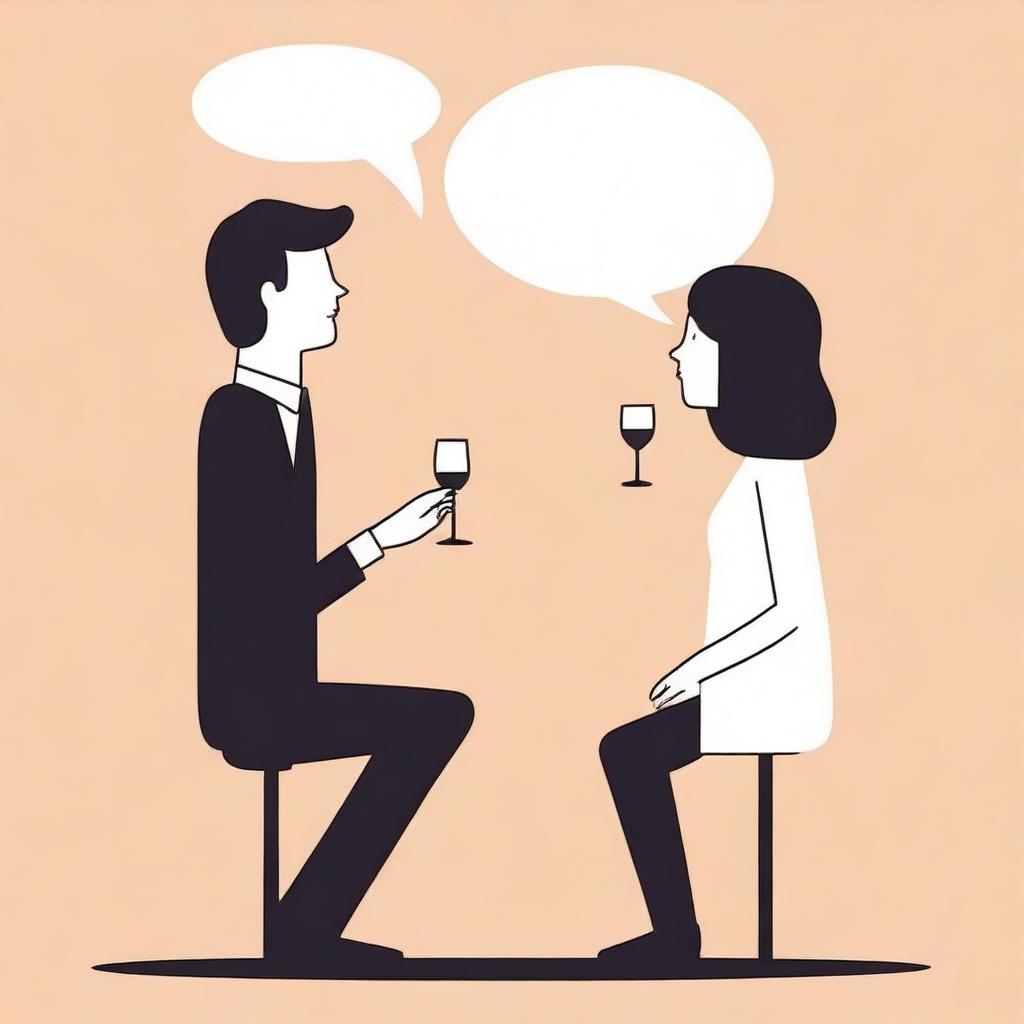 Create a minimalist cartoon-style image of a man seducing a woman in a conversation