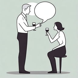 Create a minimalist cartoon-style image of a man seducing a woman in a conversation