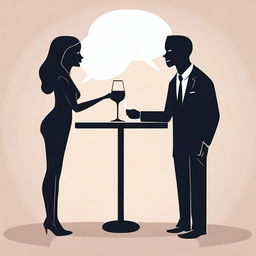 Create a minimalist cartoon-style image of a man seducing a woman in a conversation