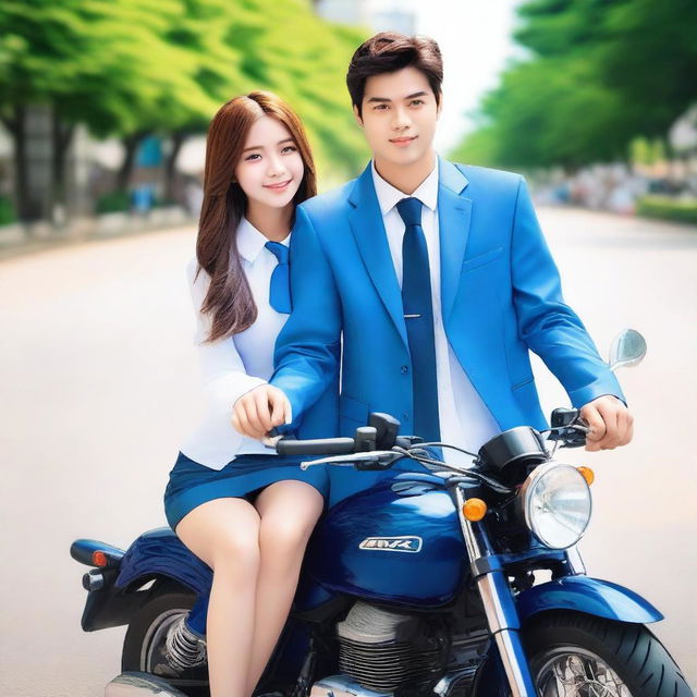 A handsome man wearing a blue high school uniform with a neat tie, sitting on a CBR motorcycle