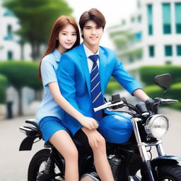 A handsome man wearing a blue high school uniform with a neat tie, sitting on a CBR motorcycle