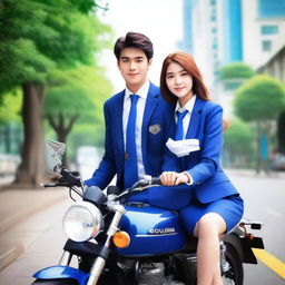 A handsome man wearing a blue high school uniform with a neat tie, sitting on a CBR motorcycle