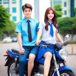 A handsome man wearing a blue high school uniform with a neat tie, sitting on a CBR motorcycle