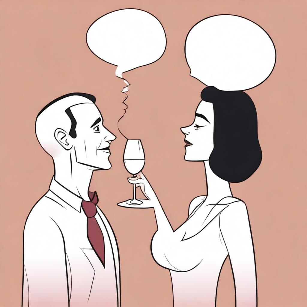 Create a cartoon-style image of a man and a woman in a conversation