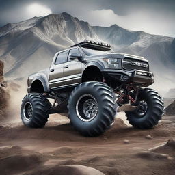 A highly detailed image of a monster car with huge wheels, rugged design, and an aggressive look