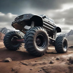 A highly detailed image of a monster car with huge wheels, rugged design, and an aggressive look