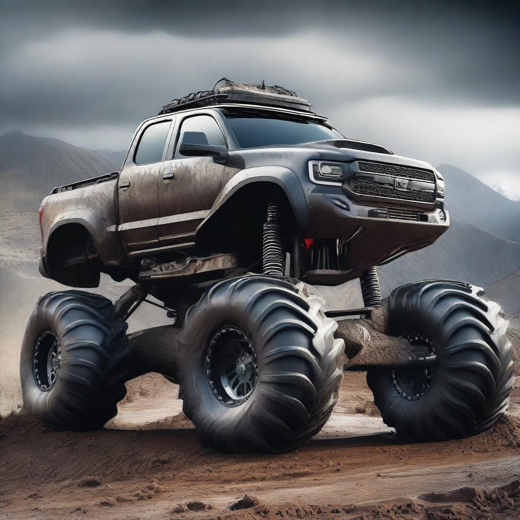 A highly detailed image of a monster car with huge wheels, rugged design, and an aggressive look