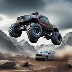 A highly detailed image of a monster car with huge wheels, rugged design, and an aggressive look