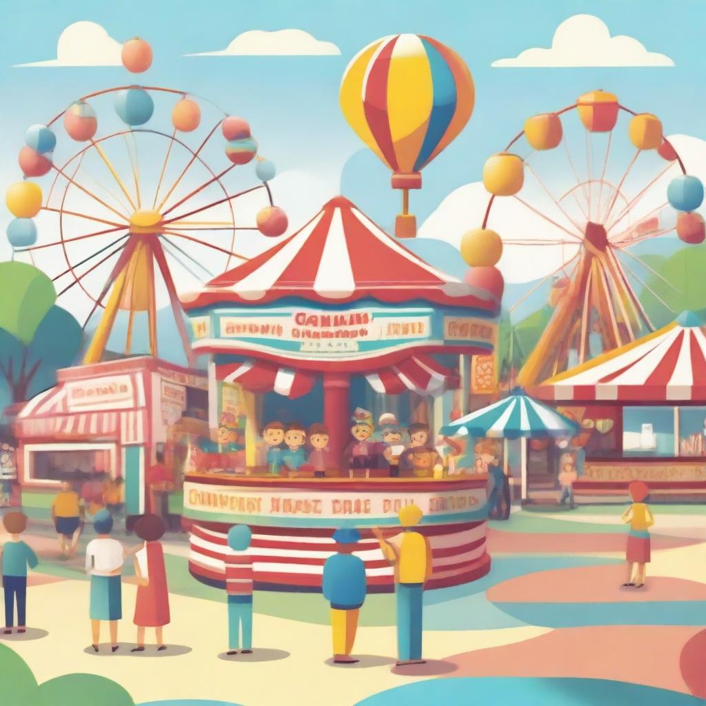 Create an image of a colorful outdoor carnival with various amusement rides, food stalls, and happy people enjoying their time