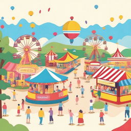 Create an image of a colorful outdoor carnival with various amusement rides, food stalls, and happy people enjoying their time