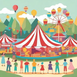 Create an image of a colorful outdoor carnival with various amusement rides, food stalls, and happy people enjoying their time