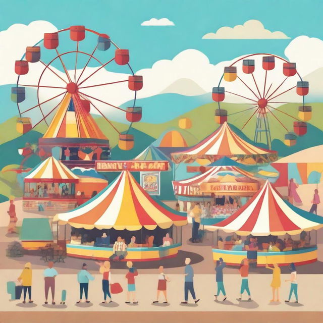 Create an image of a colorful outdoor carnival with various amusement rides, food stalls, and happy people enjoying their time