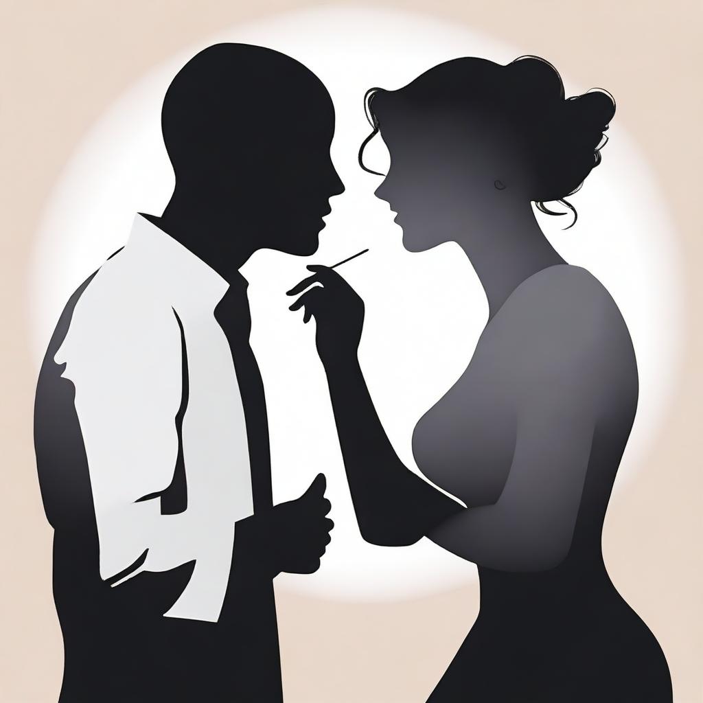 Create a cartoon-style image showing the busts of a man and a woman in silhouette form, engaged in conversation