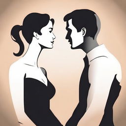 Create a cartoon-style image showing the busts of a man and a woman in silhouette form, engaged in conversation