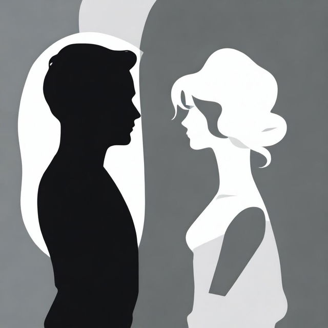 Create a cartoon-style image showing the busts of a man and a woman in silhouette form, engaged in conversation