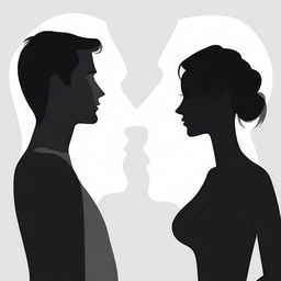 Create a cartoon-style image showing the busts of a man and a woman in silhouette form, engaged in conversation