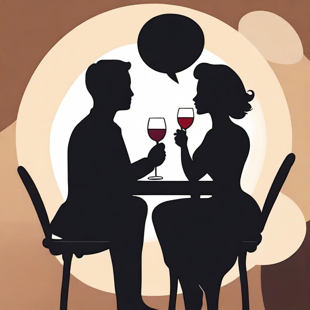 Create a cartoon-style image showing the busts of a man and a woman in silhouette form, engaged in a flirtatious conversation