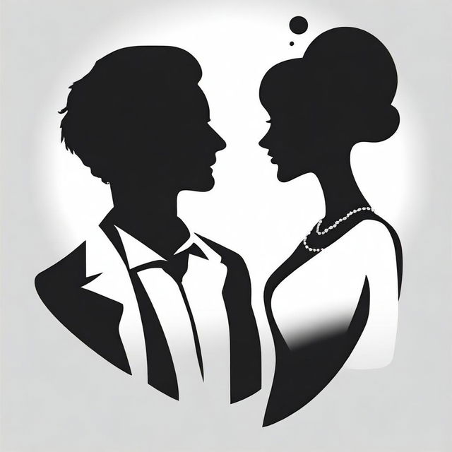 Create a cartoon-style image showing the busts of a man and a woman in silhouette form, engaged in a flirtatious conversation