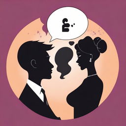 Create a cartoon-style image showing the busts of a man and a woman in silhouette form, engaged in a flirtatious conversation