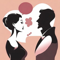 Create a cartoon-style image showing the busts of a man and a woman in silhouette form, engaged in a flirtatious conversation