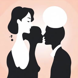 Create a cartoon-style image showing the busts of a man and a woman in silhouette form, engaged in a flirtatious conversation