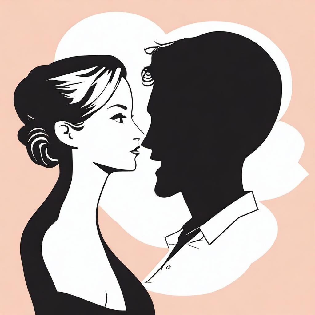 Create a cartoon-style image showing the busts of a man and a woman in silhouette form, engaged in a flirtatious conversation