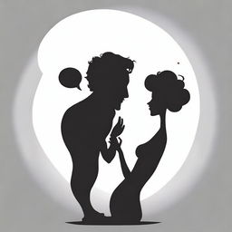 Create a cartoon-style image showing the busts of a man and a woman in silhouette form, engaged in a flirtatious conversation