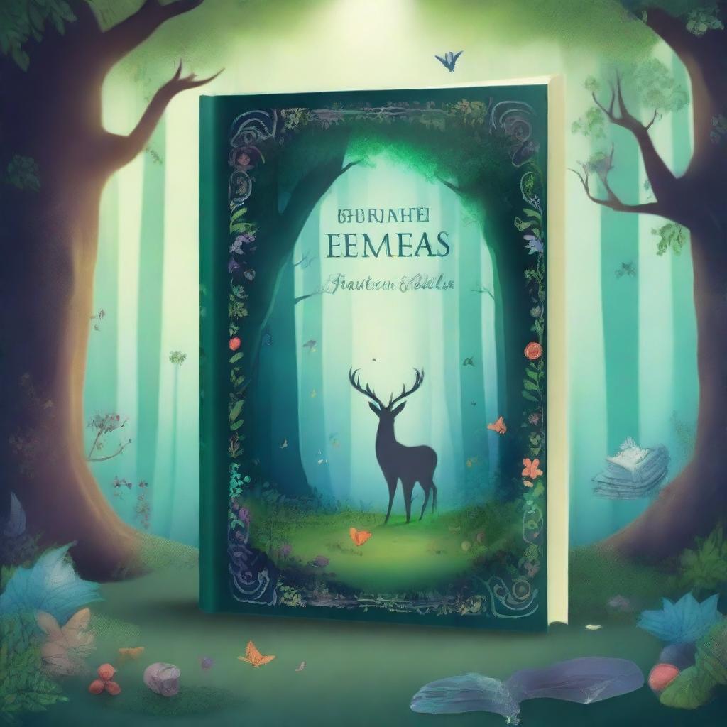 Create a captivating book cover featuring an enchanted forest with mystical creatures