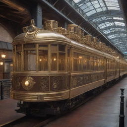 A monorail system envisioned in a steampunk aesthetic. Brass-bound carriages, steam-belching engines, and Victorian-era architectural elements blend seamlessly with the raised track system.