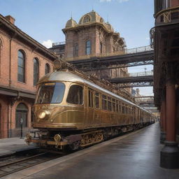 A monorail system envisioned in a steampunk aesthetic. Brass-bound carriages, steam-belching engines, and Victorian-era architectural elements blend seamlessly with the raised track system.