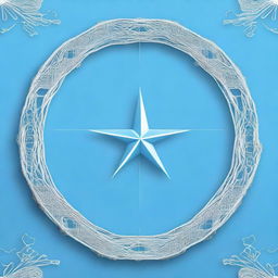 A serene sky blue background with a single bright star positioned in the middle, surrounded by delicate threads that create an intricate pattern