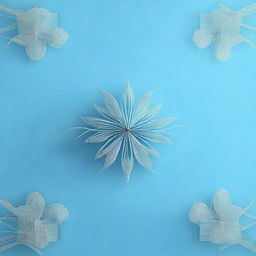 A serene sky blue background with a single bright star positioned in the middle, surrounded by delicate threads that create an intricate pattern