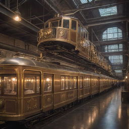 A monorail system envisioned in a steampunk aesthetic. Brass-bound carriages, steam-belching engines, and Victorian-era architectural elements blend seamlessly with the raised track system.