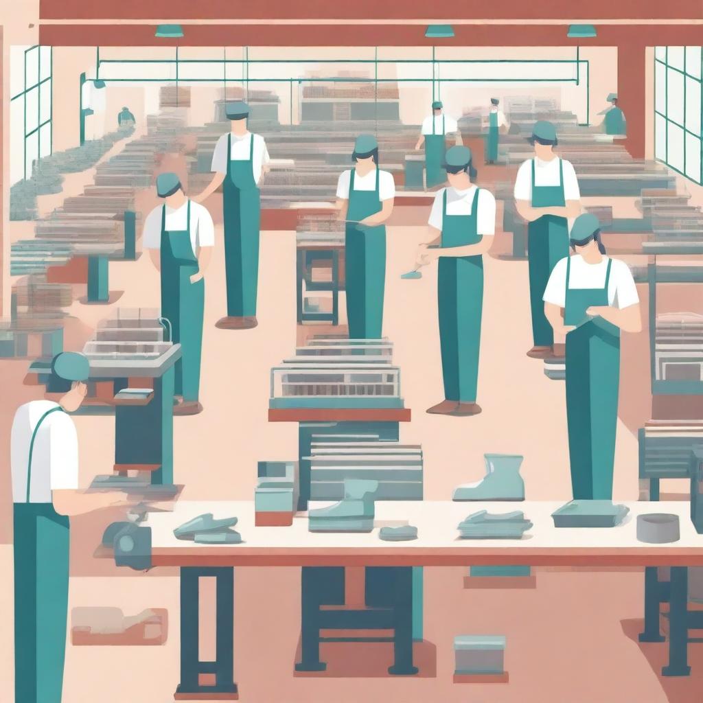 A detailed illustration of a shoe making factory