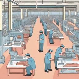 A detailed illustration of a shoe making factory