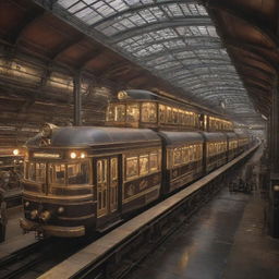 A monorail system envisioned in a steampunk aesthetic. Brass-bound carriages, steam-belching engines, and Victorian-era architectural elements blend seamlessly with the raised track system.